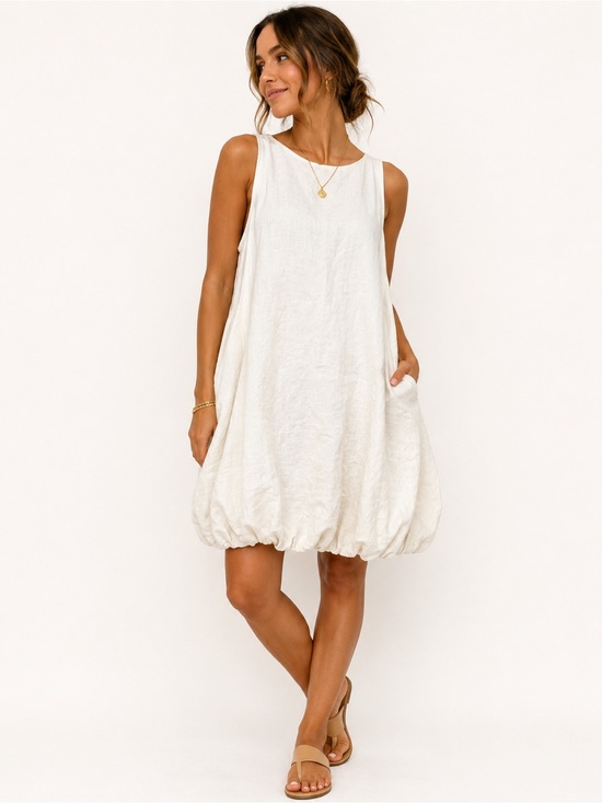 The Drop Dresses & Skirts - Sleeveless Bubble-Hem Mini Dress in Cream linen